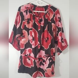 Outback Red Floral Poppy Blouse. Wide Half Sleeves and Side Tie Waist. Size S.